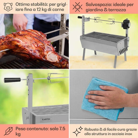 Klarstein Sauenland Mini, Griglia Con Girarrosto, 12kg Max., Acciaio Inox, 4W 7 Klarstein Sauenland Mini, Griglia Con Girarrosto, 12kg Max., Acciaio Inox, 4W - immagine 5
