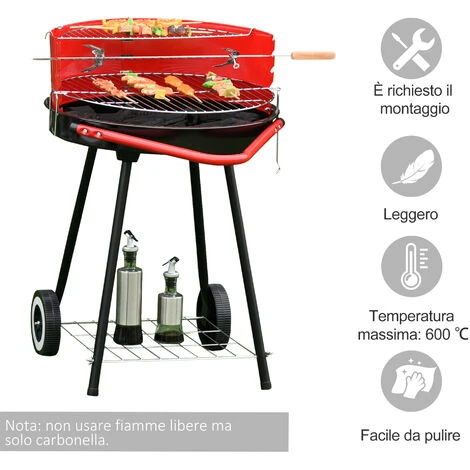 Outsunny Barbecue Grill A Carbone Altezza Regolabile Con Ruote, Nero E Rosso 67 X 51 X 82 Cm 6 Outsunny Barbecue Grill A Carbone Altezza Regolabile Con Ruote, Nero E Rosso 67 X 51 X 82 Cm - immagine 4