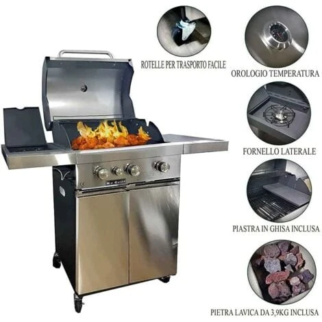 BARBECUE A GAS E PIETRA LAVICA ACCIAIO INOX 3 FUOCHI + FORNELLO LATERALE 37790 5 BARBECUE A GAS E PIETRA LAVICA ACCIAIO INOX 3 FUOCHI + FORNELLO LATERALE 37790 - immagine 3
