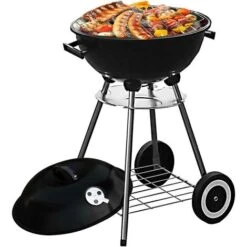 Barbecue A Carbone Griglia 45cm 2 Ruote Coperchio Raccogli Cenere E Ripiano