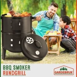 Deuba Barbecue Grill Affumicatore BBQ Smoker Tondo 81,5x41cm Portatile Con Termometro Campeggio Giardino Esterno