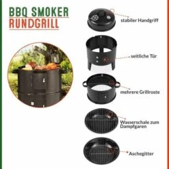 Deuba Barbecue Grill Affumicatore BBQ Smoker Tondo 81,5x41cm Portatile Con Termometro Campeggio Giardino Esterno -Prodotti Per Barbecue 34037324 4