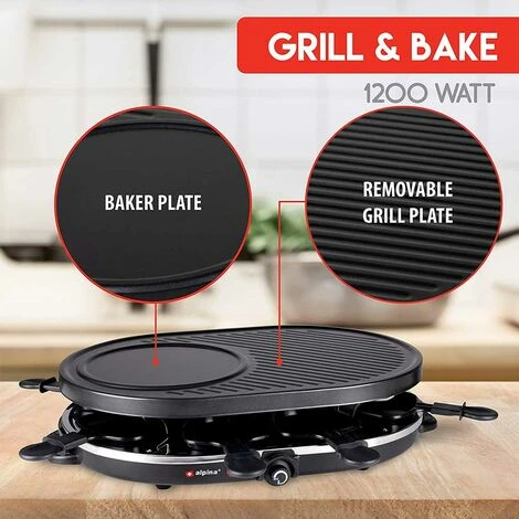 Alpina Raclette Barbecue Grill 1200W Piastra Elettrica Ghisa Antiaderente Da Tavolo 4 Alpina Raclette Barbecue Grill 1200W Piastra Elettrica Ghisa Antiaderente Da Tavolo - immagine 2