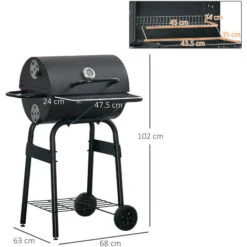 Outsunny Barbecue A Carbone Con Coperchio, Termometro, Mensole E Ruote, 68x63x102cm, Nero -Prodotti Per Barbecue 54558145 3