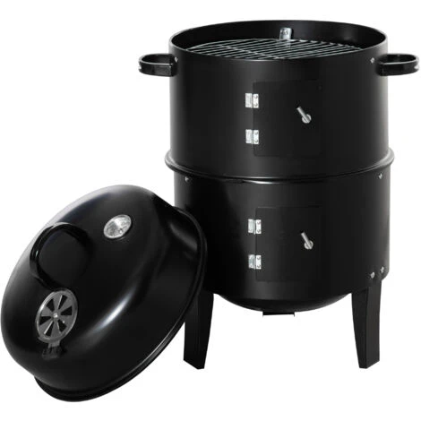 Outsunny Barbecue A Carbone 3 In 1 Con Coperchio, Termometro E 3 Livelli Indipendenti, In Acciaio Nero 3 Outsunny Barbecue A Carbone 3 In 1 Con Coperchio, Termometro E 3 Livelli Indipendenti, In Acciaio Nero