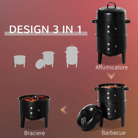 Outsunny Barbecue A Carbone 3 In 1 Con Coperchio, Termometro E 3 Livelli Indipendenti, In Acciaio Nero 6 Outsunny Barbecue A Carbone 3 In 1 Con Coperchio, Termometro E 3 Livelli Indipendenti, In Acciaio Nero - immagine 4