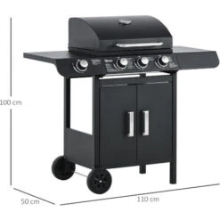 Outsunny Barbecue A Gas Con Coperchio, 4 Bruciatori Da 11.6kW, Fornello, Mensola E 2 Ruote, 110x50x100cm Nero -Prodotti Per Barbecue 55054594 3