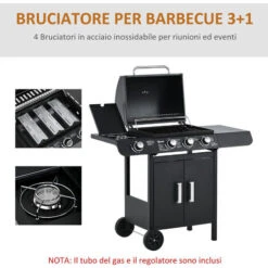 Outsunny Barbecue A Gas Con Coperchio, 4 Bruciatori Da 11.6kW, Fornello, Mensola E 2 Ruote, 110x50x100cm Nero -Prodotti Per Barbecue 55054594 5