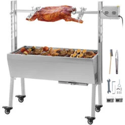 VEVOR Girarrosto BBQ Per Agnello Capacita Da 40kg Senza Lamiera, Griglia A Barbecue Motore Elettrico 25W Con Forchetta Per Arrosto, Forno In Piedi BBQ In Acciaio Inox Con Pedana E Ruote Per Campeggio