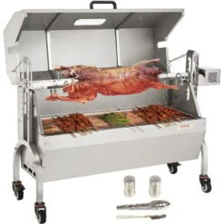 VEVOR Girarrosto Spiedo BBQ Con Coperchio 50W In Acciaio Inox Manuale/Elettrico Capienza Max. 60kg Altezza Regolabile 19-43,2cm, Kit Di Girarrosto Spiedo Per BBQ Festa Evento Esterno Lunghezza 117 Cm